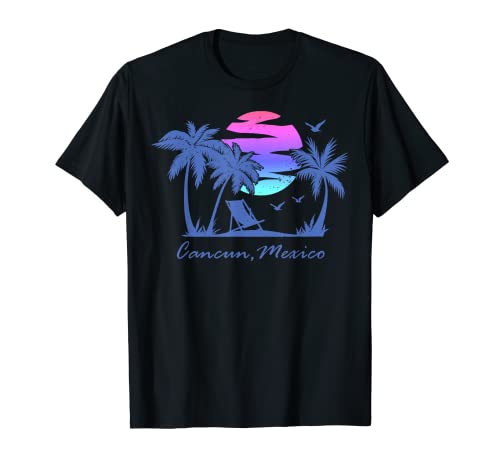 Cancun Mexico Beach Vacation Retro Sunset Palmeras Gráfico Camiseta