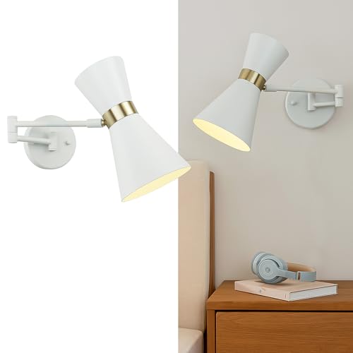 Alpinaluz Applique murale blanche avec bras articulé et abat-jour conique avec détail doré - Culot E27 - Lumière directionnelle pour lecture chambre, tête...