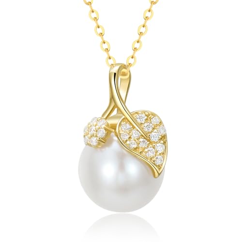 14k Gold Created Moissanite Leaf and Freshwater Cultured Pearl Pendant Necklace for Women, Fine 14kt Gold Pearl Jewerly Gifts for Her, 16-18 Inches