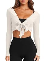 LASLULU Self Tie Workout Tops Bolero Shrugs Wrap Tops,Beige,Small — image 2