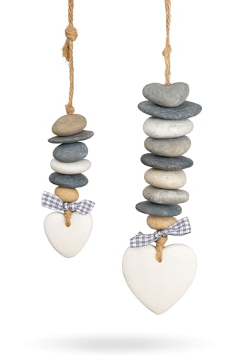 Deko Hänger Steinherz 2er Set – Naturstein & Herzanhänger mit Schleife, Fenster- oder Wanddeko, rustikale Hängedeko für Zuhause & Garten