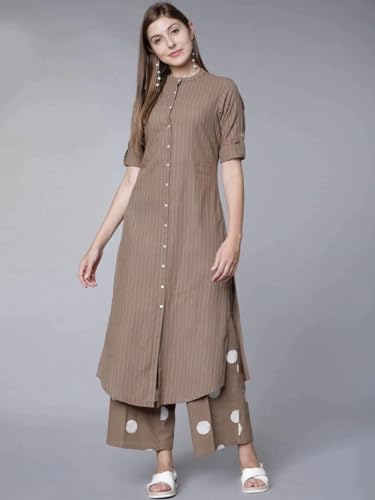 Image of Women's Pure Cotton Solid Kurti With Pant Set (Brown)