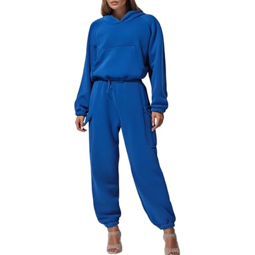 Generisch Conjunto de chándal informal para mujer, con capucha, pantalones de invierno, ropa de ocio para campus, actividades al aire libre, azul, M