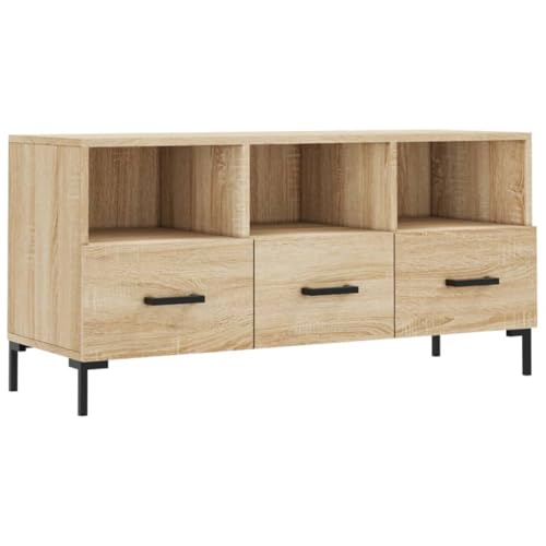 Qnhdfrt Mesa baja para TV Sonoma Roble 102 x 36 x 50 cm, madera con patas de hierro, mueble moderno para TV, 3 cajones, 3 compartimentos para salón, dormitorio, pasillo