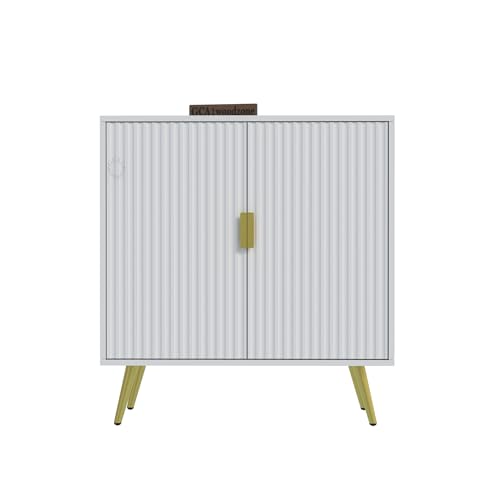 Image of Wooden Fluted Design Storage Cabinet with 2 Doors | Modern Sideboard Cabinet for Living Room, Bedroom & Entryway | Multipurpose Organizer Cupboard | HDMR Premium Wood | Gold Metal Legs (White)