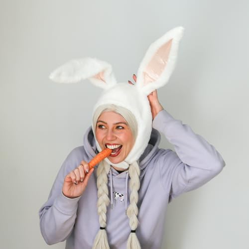 TRIXES Easter Bunny Hat – Funny Headdress for Fancy Dress, Bunny Costume, Cosplay and More – Fluffy White and Pink Rabbit Party Wear for Adults and Kids – Posable Ears