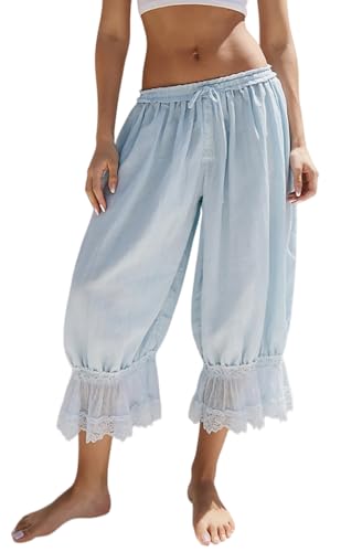 Image of NUFIWI Women Ruffle Long Bloomer Y2k Lace Trim Pettipants Pantaloons Mid Rise Cropped Pajama Pants Under Dress Slips