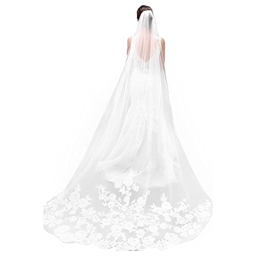 Image of SANNIDHI 3m Long Bridal Veil Wedding Veil for Bride White Lace Edge Long Cathedral Veil 1 Tier Drop Veil Bridal Tulle Hair Accessories