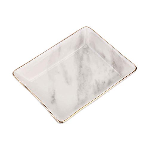 Saideke Home Jewelry Dish Tray Marble Pattern Ceramic Dish Handmade Rectangle Trinket Storage Gold Edge #TOP1