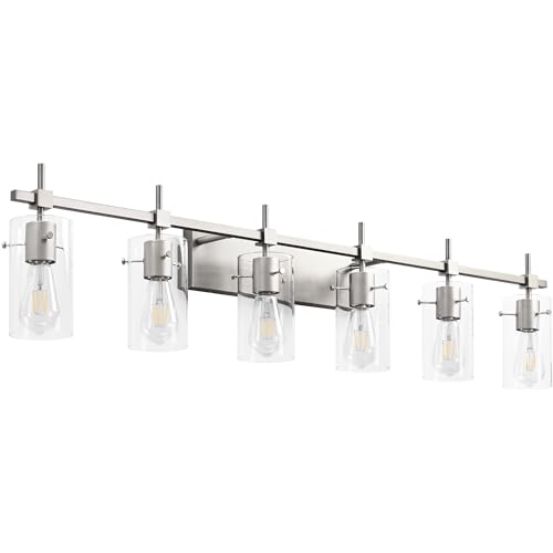 Image of SOLFART 49.2 inch 6 Lights Vanity Light fixtures for Bathroom Vintage Bathroom Light Fixture Brushed Nickel Light Fixtures Above Mirror with Glass Shade (Exclude Bulb)