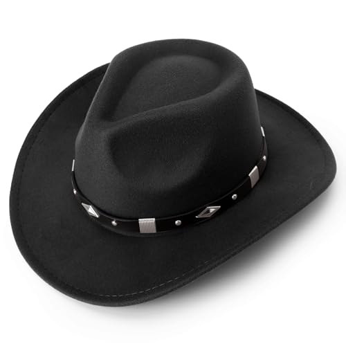 Image of DRESHOW Cowboy Hat for Women and Men Western Felt Cowboy Cowgirl Hat Wide Brim Belt Buckle Retro Fedora Hats Unisex Caps