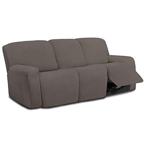 Easy-Going 8 Pieces Microfiber Stretch Sectional Recliner Sofa Slipcover Soft Fitted Fleece 3 Seats Couch Cover Washable Furniture Protector with Elasticity for Kids Pet(Recliner Sofa, Taupe