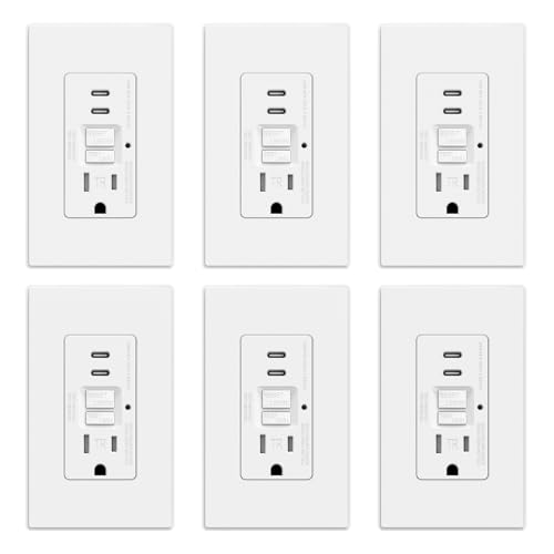 ELEGRP GFCI Outlet with USB Ports, 15 Amp Self-Test GFCI Combination with Dual USB C Ports, 24W Max Total Output, Tamper Resistant GFCI USB Outlet with Wall Plate, UL Listed, Matte White, 6 Pack