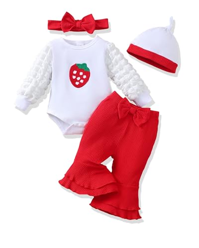 Renotemy Infant Baby Girl Clothes 3-6 Months Baby Fall Winter Outfit Clothes Puff Sleeve Coming Home Outfits Gifts for Girl Newborn Essentials Romper Strawberry Bell Bottom Pants Bodysuit Clothing Set