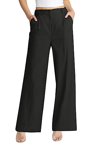 Cicy Bell Women's High Waisted Wide Leg Pants Work Office Dress Slacks with Pockets Casual Elastic Waist Trousers Black