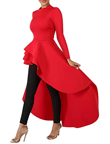 Lrady Women Ruffle High Low Asymmetrical Long Sleeve Peplum Tops Blouse Shirt Dress, Red, Medium #TOP3