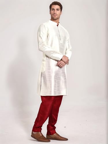 Image of SKAVIJ Men's Dupion Silk Regular Kurta Pajama Set Off-White S