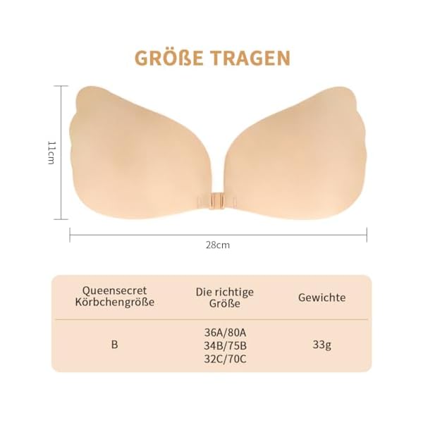 Klebe BH Push Up,Trägerloser BH,Wiederverwendbare Unsichtbar Silikon Rückenfreier BH Haut Freundlich Selbstklebend BH,für Abendkleid Brautkleid Badeanzug und Andere Rückenfreie Kleidung（Cup-Größe: B） – Bild 5