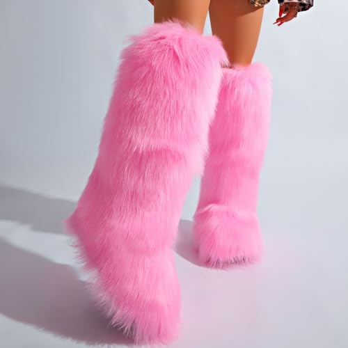 Image of Valpeak Womens Faux Fur Boot Winter Fluffy Long Furry Boots for Girls Outdoor Fuzzy Knee-High Boots(Pink,13)