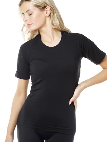 Relaxsan Zero 3210 (Black, S) Women's Thermal Short Sleeves Breathable T-Shirt Baselayer in Dryarn Fiber and Merino Wool