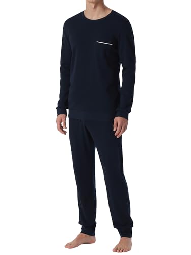 Schiesser Herren Schlafanzug Lang Wärmere Baumwolle - Fein Interlock Pyjamaset, Dunkelblau_179295, 56 EU