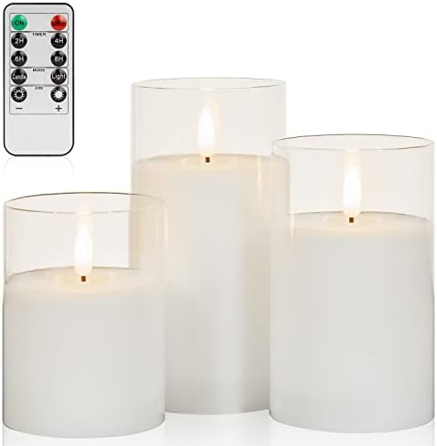 ANGELLOONG Glass Flameless Candles with Remote, Battery Operated Candles with Timer, Fake LED Flickering Candles for Farmhouse Bathroom Living Room Decor, Clear