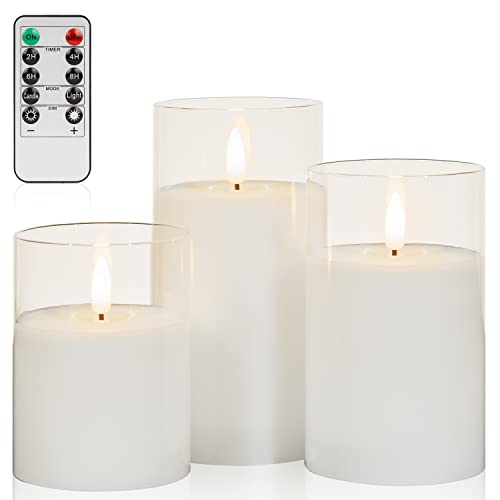 Angelloong Glass Flameless Candles With Remote, Battery Operated Candles With Timer, Fake Led Flickering Candles For Farmhouse Bathroom Living Room Decor, Clear #TOP3