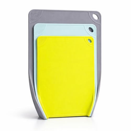 Image of Yelona Plastic Chopping Board Set of 3 with Curved Pour Edges | Food Grade, BPA-Free, Cutting Boards | Anti-Slip Durable Kitchen Boards for Vegetables & Fruits - Multicolour