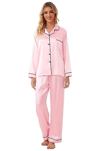 Image of Schbbbta Girls & Women Satin Pajamas Set, 2Piece Silk Nightwear Button-Down Sleepwear for Teen Kids, 3 Years - Women XXL