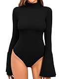 MANGOPOP Bell Sleeve Mock Neck Long Sleeve Bodysuit for Going Out Tops for Women, Black, Medium
