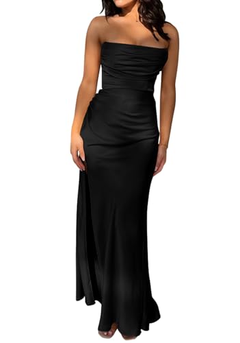 Memoriesea Women's Sexy Strapless Tube High Slit Ruched Party Cocktail Maxi Dress