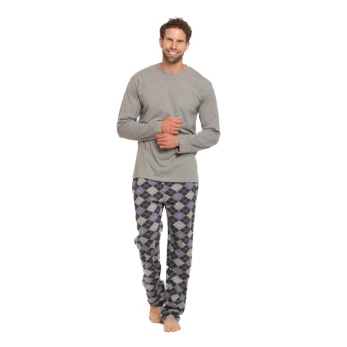 TRAMAS+ Pijama de Hombre Largo, 100% Algodón, con Manga Larga y Pantalón Largo, Conjunto de Ropa para Dormir Entretiempo   S, Olmo Gris