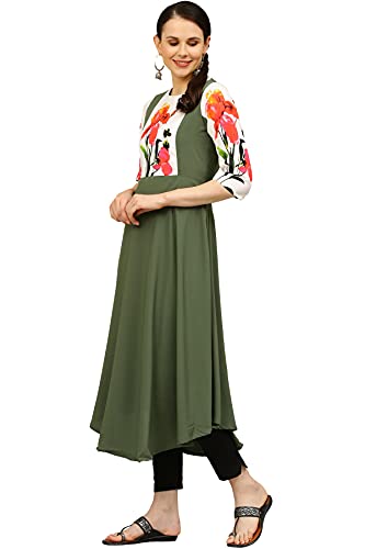 Image of Women's Crepe A-Line Printed Kurti(ALC9121MLT1 Military X-Small)