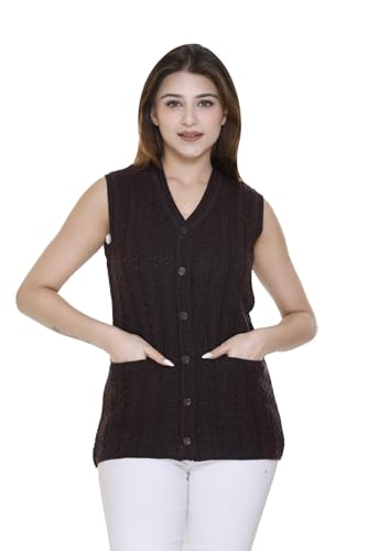 Image of aarbee Self Design Sleeveless V Neck Woollen Cardigan for Women with Front Pockets