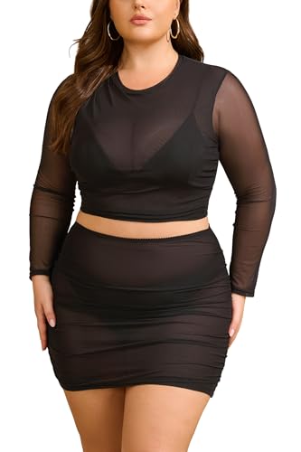 Ladies & Men's story Women Sheer Plus Size Mesh 2 Piece Going Out Outfits Ruched Crop Top & Mini Skirt Set