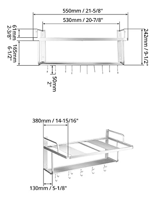 QWORK Microwave Oven Rack Shelf, Wall Mount Electric Oven Holders, Aluminum Double-Layer Microwave & Spice Rack, 2 Shelves with 10 Hooks, Support Load 88lbs, 21.65x15x9.84