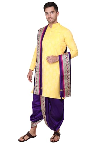 Image of Rameshwaram Fabrics Readymade Dhoti for Men, Velcro Style Stitched Mens Silk Dhoti Pant with Stole Set