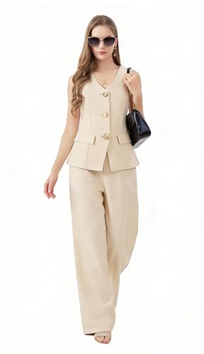 GRAN ORIENTE Vest and Pants Set Women Sleeveless 2 Piece Blazer Tops Business Casual Outfit Statement Buttons Pant Suits Dressy KB4124-Beige-XL