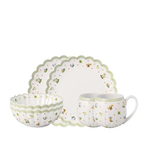 Villeroy & Boch - Easter Delight Frühstücks-Set für 2 Personen 6-teilig Grün, Oster Set mit Speisetellern, Henkelbechern und Müslischalen, Oster Keramik Teller, Tassen und Schüsseln, Premium Porzellan