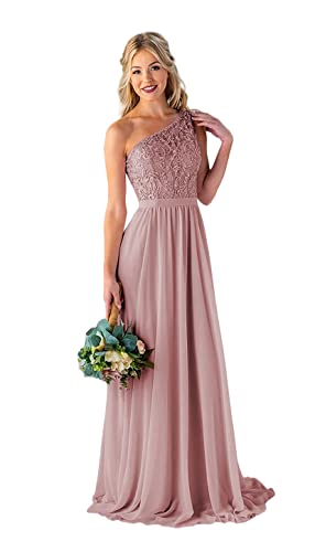 Image of Women's One Shoulder Bridesmaid Dresses Long for Wedding with Pockets Lace Bodice A-Line Chiffon Formal Party Gown