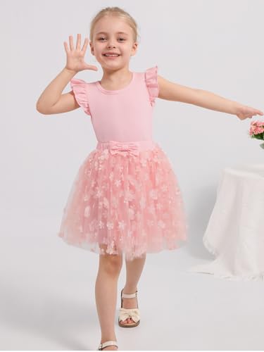 Image of Girls Tulle Skirt Set Kid Toddler Girl 2 Piece Outfits Ruffle Sleeve T-Shirt Bowknot Tutu Dress Birthday Party Outfit