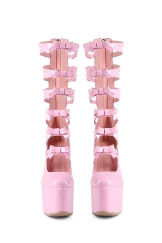 Kawaii Sweet Lolita Chunky Platform Knee High Heeled Boots, Cosplay Anime Patent Bow Ribbon, Y2K Gothic Hot Cute Lovely Girl Big Large Size Shoes For Women Men2