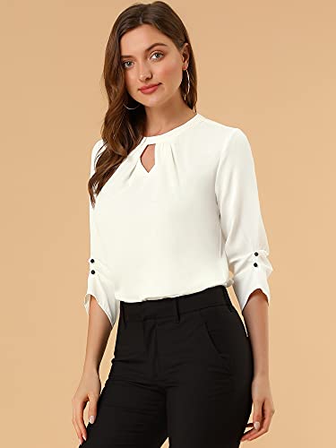 Allegra K Women's Work Office Keyhole Pleated Front Ruched 3/4 Sleeve Shirt Chiffon Blouse Medium White #TOP3