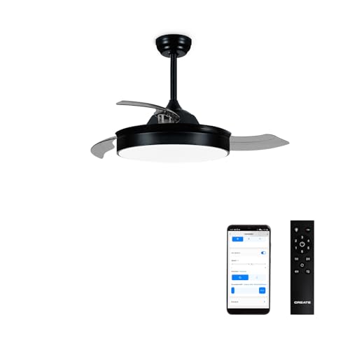 CREATE / WIND CLEAR M/Ventilador de techo con luz negro con mando y Wifi / 40W, Ø108 cm, temporizador, 6 velocidades, aspas retráctiles, 3 temperaturas de luz, función verano invierno