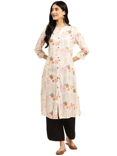 Image of rangita Off White Rayon Calf Length Printed A-line Kurti for Women | Kurta for Women