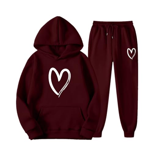 Generisch Chándal para mujer, tallas grandes, traje deportivo de dos piezas, sudadera con capucha, chándal de 2 piezas, estampado de corazón, sudadera, traje informal con capucha, pantalones de
