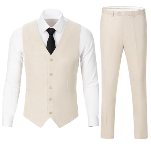 Men's Cotton Linen Suit 2 Piece Wedding Suit for Men Slim Fit Groomsmen Tuxedos Summer Beach Linen Vest Pants Set2