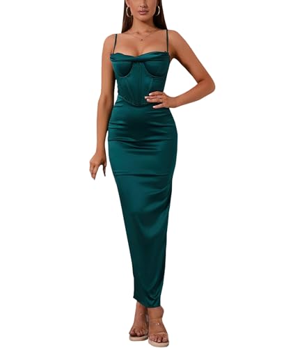 Image of Sexyshine Women's Spaghetti Strap Cowl Neck Satin Corset Dress Bodycon Backless Formal Evening Party Maxi Dress