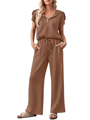 MEROKEETY Women 2 Piece Set Summer Outfits Sweatsuit Half Zip Cap Sleeve Sweatshirt Wide Leg Sweatpant Tracksuit Sets