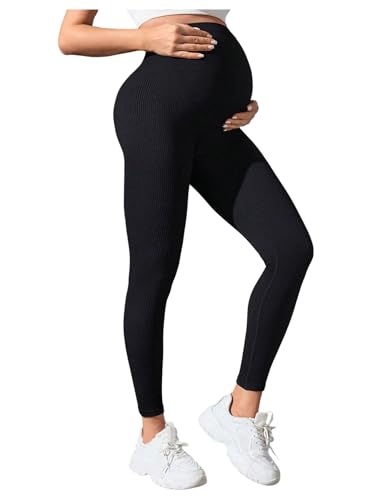 OYOANGLE Women's Maternity High Waisted Ribbed Leggings Over The Belly